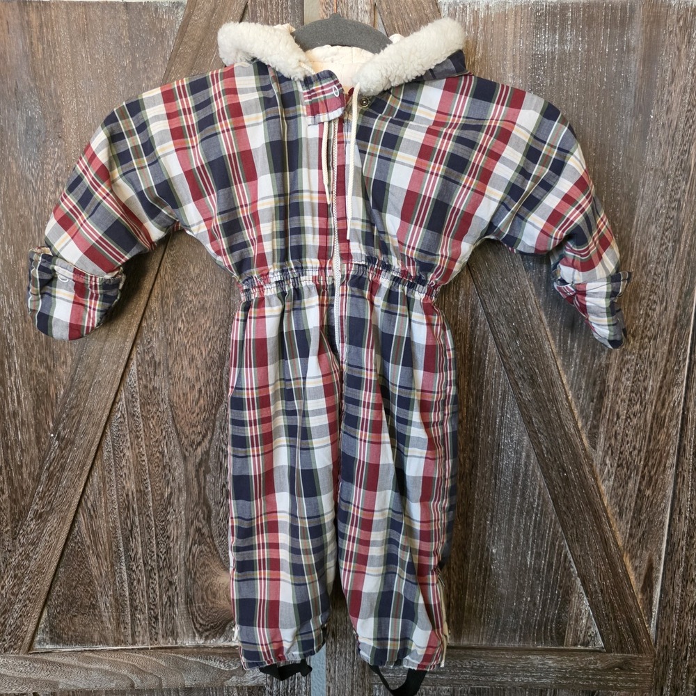 Puss In Boots Pram Snowsuit Infant Size Plaid Detachable Mitts Hooded Vintage